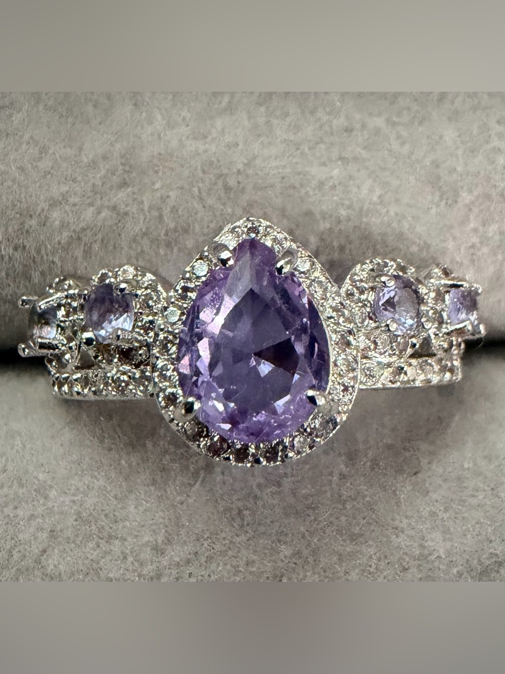 Purple Sapphire inspired Teardrop Halo Ring with Accent Stones